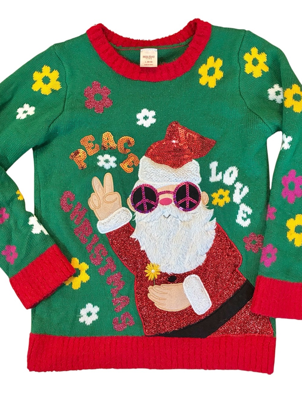 Girls 10-12 Santa Peace Love Ugly Christmas Sweater Holiday Time